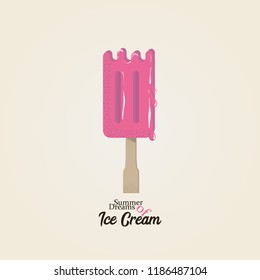 Ice cream isometric vector pop art style. Retro comic text advertise. Sweet cold food summer dessert. Homemade fruit pink eskimo.