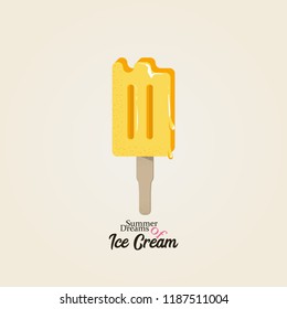 Ice cream isometric vector pop art style. Retro comic text advertise. Sweet cold food summer dessert. Homemade fruit yellow eskimo.