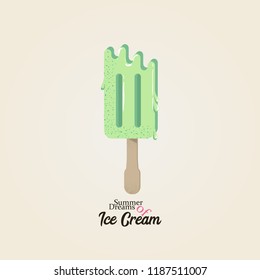 Ice cream isometric vector pop art style. Retro comic text advertise. Sweet cold food summer dessert. Homemade fruit green eskimo.