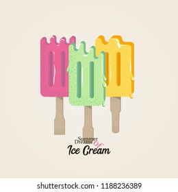 Ice cream isometric vector pop art style. Retro comic text advertise. Sweet cold food summer dessert collection. Homemade fruit set eskimo.