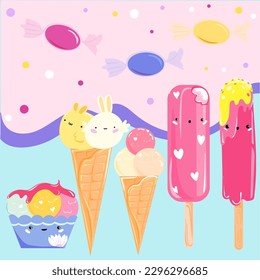 Ice cream kawai set vector funny cafe menu