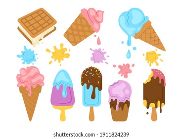 Ice cream kawaii cartoon set. Chocolate, waffle ice cream cone fruit berry. Bright cute summer collection sweet food and splash, falling drops. Isolated cute dessert vector illustration