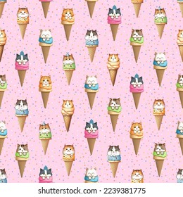 Ice cream kawaii cats  in the waffle cone seamless pattern. Ice cream characters on pink background. Kawaii funny desserts.  Design for print, textile, packaging, wrapping paper, clothes. Vector