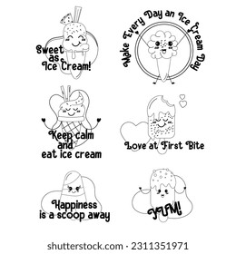 Ice cream kawaii lettering outline set of doodle badge label design