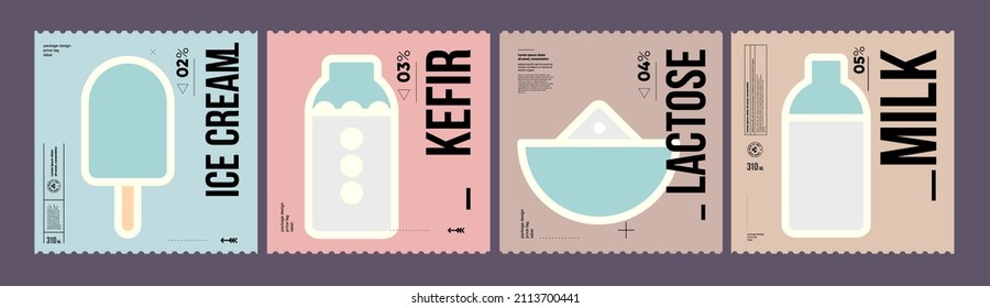 Ice cream, kefir, lactose, milk. Farmer's products. A set of vector labels in a modern, minimalist style. Geometric icons and elements. 