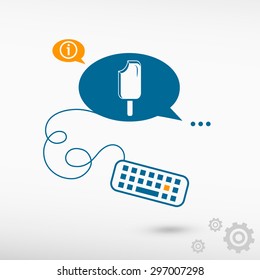 Ice cream and keyboard on chat speech bubbles. Line icons for application and creative process.