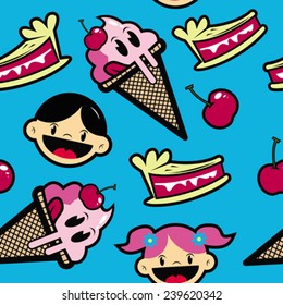ice cream and kids seamless pattern cartoon illustration