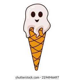 Ice cream with a kindly ghost. Halloween candy. Cute ghost in a waffle cone.