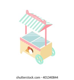 Ice cream kiosk in the isometric. Mobile tent. Delicious dessert. Store Goodies. A ball of ice cream in a waffle Cup. Fridge. Vector illustration.
