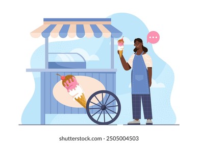 Quiosco de helados mujer. Chica joven con cono de gofre y cucharadas de helado y gelato. Postre y delicadeza para el Clima caliente. Vendedor de helado. Ilustración vectorial plana aislada sobre fondo blanco