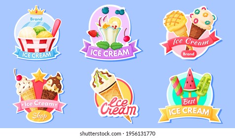 Ice cream label. Logo, badge for ice cream shop with fruit ice, popsicles. Vanilla and chocolate sundae cafe menu labels. Cartoon cold dessert sign vector set. Dairy product with topping sticker