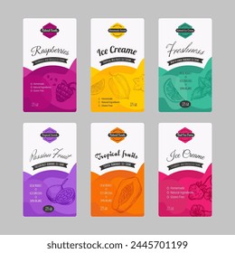 Ice cream label, product sticker design set. Ice cream badge collection, homemade and local food ingredient at emblem collection. Gluten free, organic and berry flavor, vector illustration