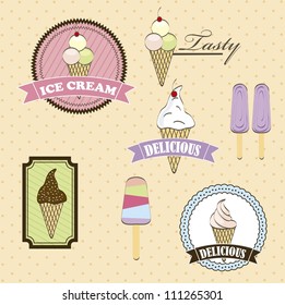 ice cream with labels over beige background. vector illustration