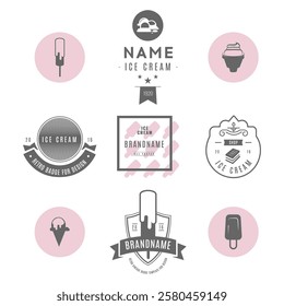 Ice cream labels set. Design template logos collection. Cold desert silhouette modern signs. Retro vector illustration.