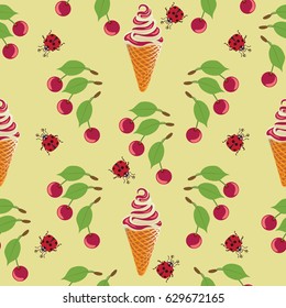 Ice cream, ladybug and cherry. Seamless pattern on yellow background. Design for textiles, tapestries, packaging, bags, goods for children.