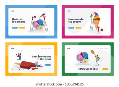 Ice Cream Landing Page Template Set. Sweet Dessert in Cup, Sundae Scoop Balls with Sprinkles, Chocolate Popsicle, Fruit Frozen Meal on Stick Waffle Cone Icecream Dessert. Cartoon Vector Illustration