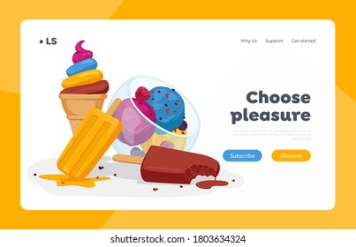 Ice Cream Landing Page Template. Sweet Dessert in Glass Cup, Sundae Scoop Balls with Sprinkles, Chocolate Popsicle, Fruit Frozen Meal on Stick Waffle Cone Icecream Dessert. Cartoon Vector Illustration