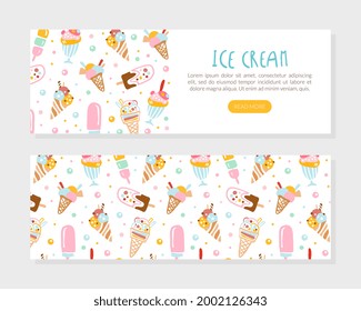 Ice Cream Landing Page Template, Tasty Sweet Summer Desserts Website Vector Illustration