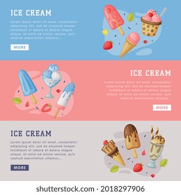 Ice Cream Landing Page Templates Set, Cold Summer Tasty Desserts Horizontal Web Banners Cartoon Vector Illustration