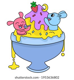 ice cream in a large bowl filled with rabbits playing, vector illustration art. doodle icon image kawaii.