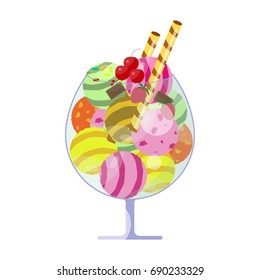 Ice cream in a large glass with fruits and cookies 