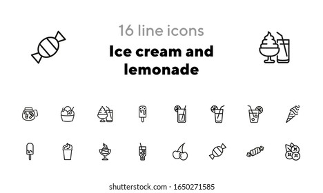 Ice cream and lemonade icons. Set of line icons on white background. Confectionery concept. Vector illustration can be used for topics like sweet, cafe, confectionery shop