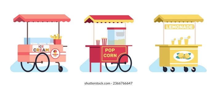 Ice cream, lemonade or popcorn carts. Park street food. Cold drinks and snacks kiosk. Selling booth in nature. Stall on wheels. Festival store trolley. Empty fairground