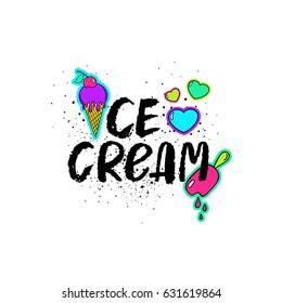Ice Cream lettering and cartoon comic stickers isolated on a white background. Hand drawn brush ink lettering. 