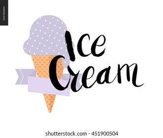 Ice Cream lettering and a violet ice cream - a vector flat cartoon black brush hand written lettering Ice Cream with a scoop of blueberry ice cream in waffle cone, with lilac ribbon