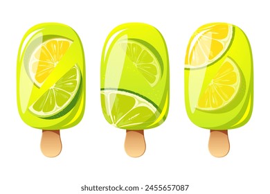 Ice cream with lime, fruit popsicle on a wooden stick with pieces of lime. Summer cold dessert, frozen juice, fruit ice. Vector illustration.