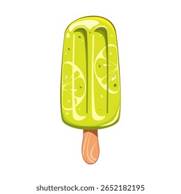 Sorvete com limão, picolé de fruta em um bastão de madeira com pedaços de limão. Sobremesa fria de verão, suco congelado, gelo de frutas. Ilustração vetorial.