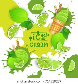 Ice Cream With Lime Taste Dessert Colorful Poster Vector Illustration
