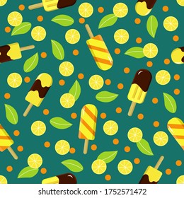 Helado y limón. Ilustración de patrón de verano. Para empaque, telas, rayado. Ilustración vectorial. 