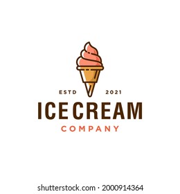 ice cream line art cartoon logo desgin vector Illustration in filled line style. cute ice cream scoop badge hipster logo icon in trendy cartoon line style 