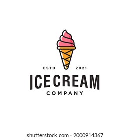 ice cream line art cartoon logo desgin vector Illustration in filled line style. cute ice cream scoop badge hipster logo icon in trendy cartoon line style 