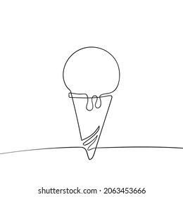 Ice Cream line art, Continuous one line drawing of One scoop of ice cream in waffle cone, Black and white graphics, Vector illustration design element