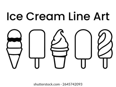 ice cream line art set, ice cream, line art, dessert, sweet, sketch, drawing, cone, minimalist, food
