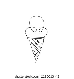 ICE CREAM LINE ART. Vector ice cream cone. Continuous Line Drawing Vector for print poster, card, sticker tattoo, tee with icecream in a waffle cone. One Line art black Hand Drawn simple Illustration