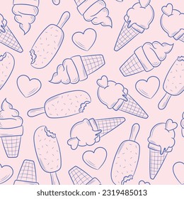Patrón vectorial de la línea de helado, bonito fondo pastel para el verano con deliciosos dulces