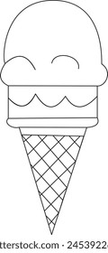 ICE CREAM LINE ART. Vector ice cream cone. Continuous Line Drawing Vector for print poster, card, sticker tattoo, tee with ice-cream in a waffle cone. One Line art black Hand Drawn simple