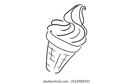 ICE CREAM LINE ART. Vector ice cream cone. Continuous Line Drawing Vector for print poster, card, sticker tattoo, tee with icecream in a waffle cone. One Line art black Hand Drawn simple Illustration