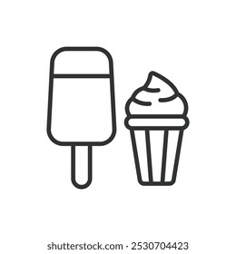 Ice cream, in line design. Ice cream, dessert, icecream cone, frozen treat, sweet, summer, ice cream icon on white background vector. Ice cream editable stroke icon