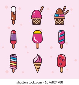 ice cream line and fill style icon set design, Sweet and dessert theme Vector illustration