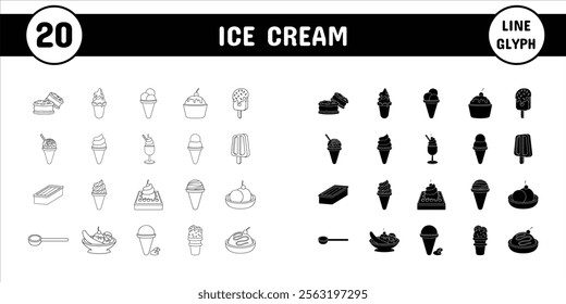 Ice Cream Line Glyph Vector Illustration Icon Sticker Set Design Materials
