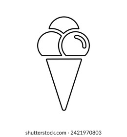 Ice cream line icon, black outline on white. Three ice ball in waffle cone, segmented minimalist shape. Vector clipart sign or logo for web design and print, illustration of summer street food.