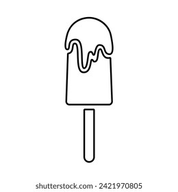 Ice cream line icon, black outline on white. Popsicle with chocolate icing on a stick, segmented minimalist shape. Vector clipart sign for web design or logo, illustration of summer street food.