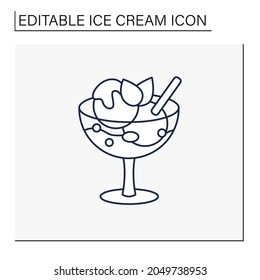 Ice cream line icon. Delicious dessert. Tasty frozen double ice balls with mint decoration. Glass bowl. Summer sweets. Isolated vector illustration.Editable stroke