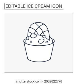 Ice cream line icon. Delicious dessert. Tasty frozen ice with chocolate decoration and choco chips in plastic bowl. Summer sweets. Isolated vector illustration.Editable stroke