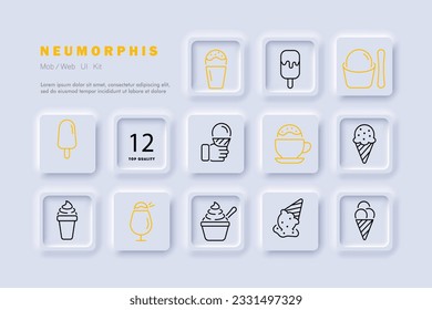 Ice cream line icon. Frozen juice, stick, waffle cone, sweetness, sugar, cooling, heat. Neomorphism steyle. Vector line icon