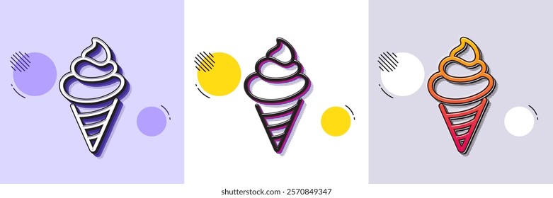 Ice cream line icon. Halftone dotted pattern. Gradient icon with grain shadow. Vanilla sundae cone sign. Frozen summer dessert symbol. Line ice cream icon. Various designs. Vector